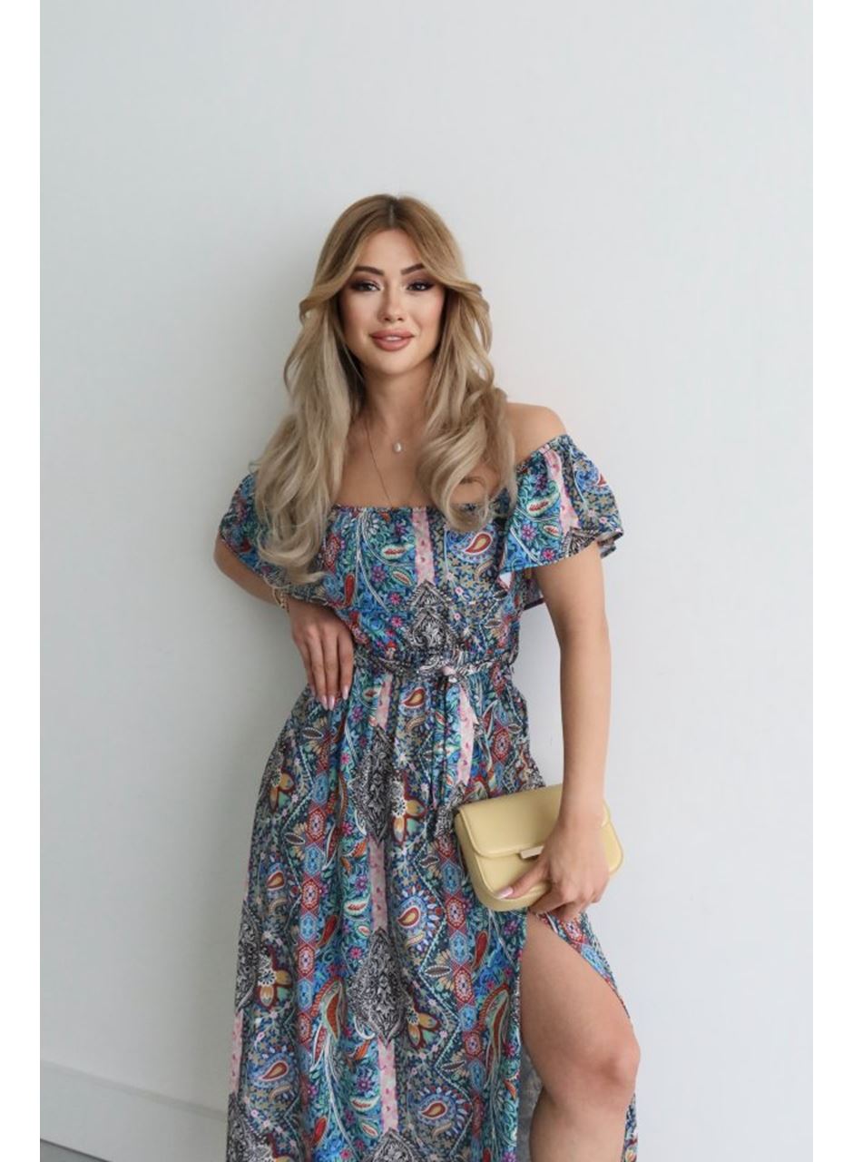 Kadın Kısa Kollu Madonna Yaka Fırfırlı Belden Yırtmaçlı Maksi Süprem Elbise