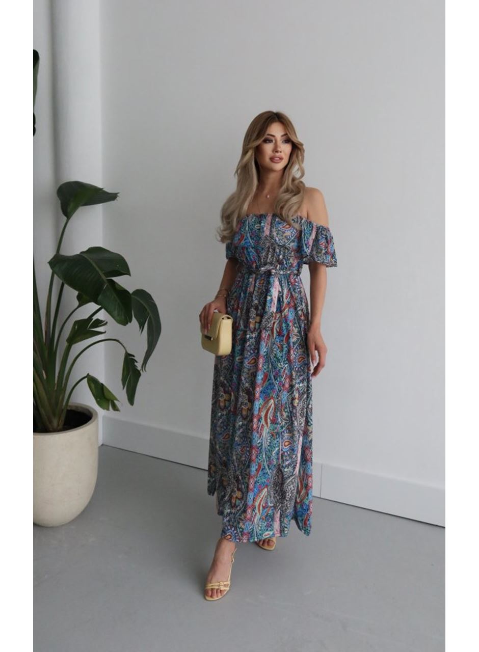 Kadın Kısa Kollu Madonna Yaka Fırfırlı Belden Yırtmaçlı Maksi Süprem Elbise