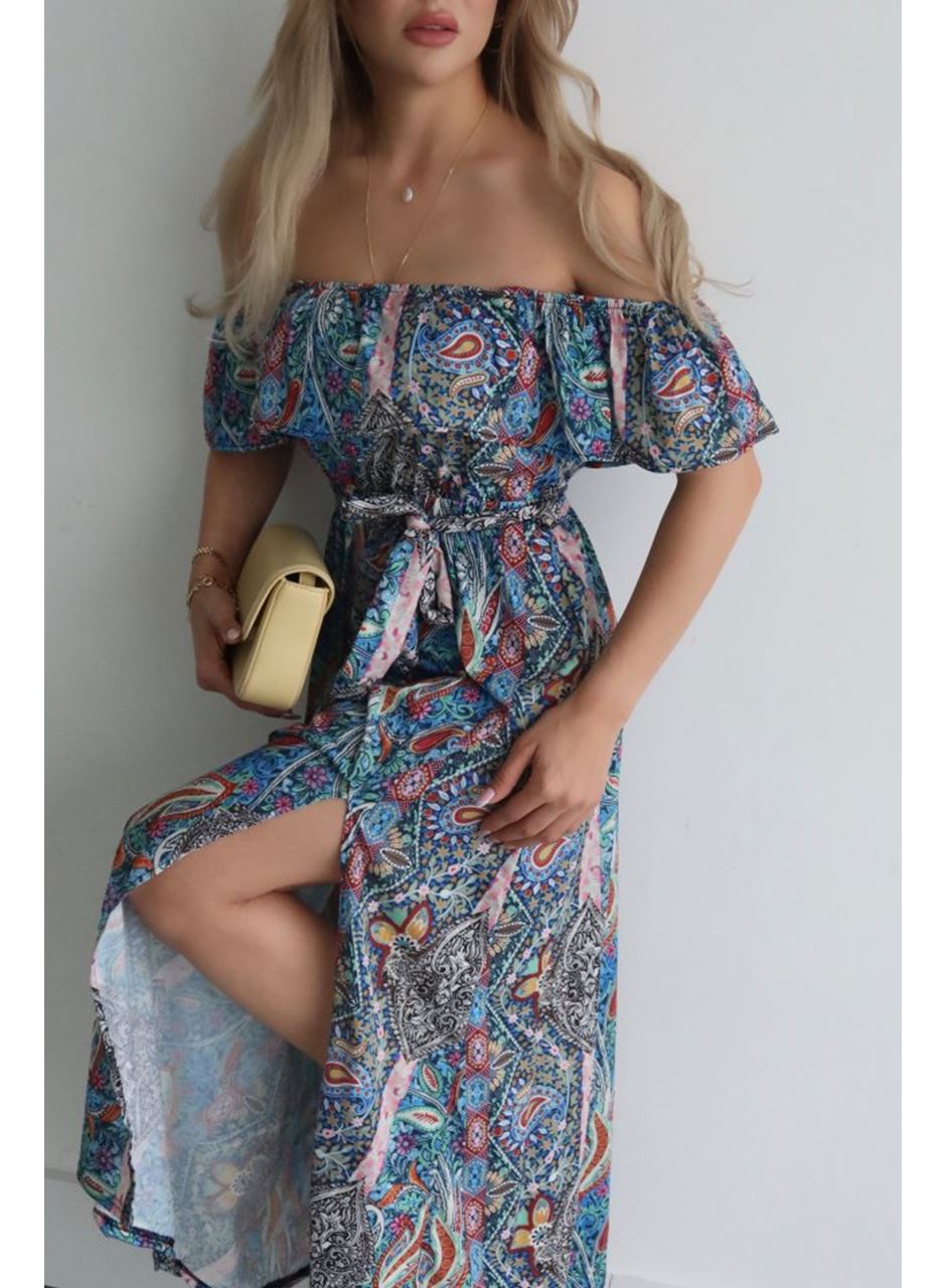 Kadın Kısa Kollu Madonna Yaka Fırfırlı Belden Yırtmaçlı Maksi Süprem Elbise