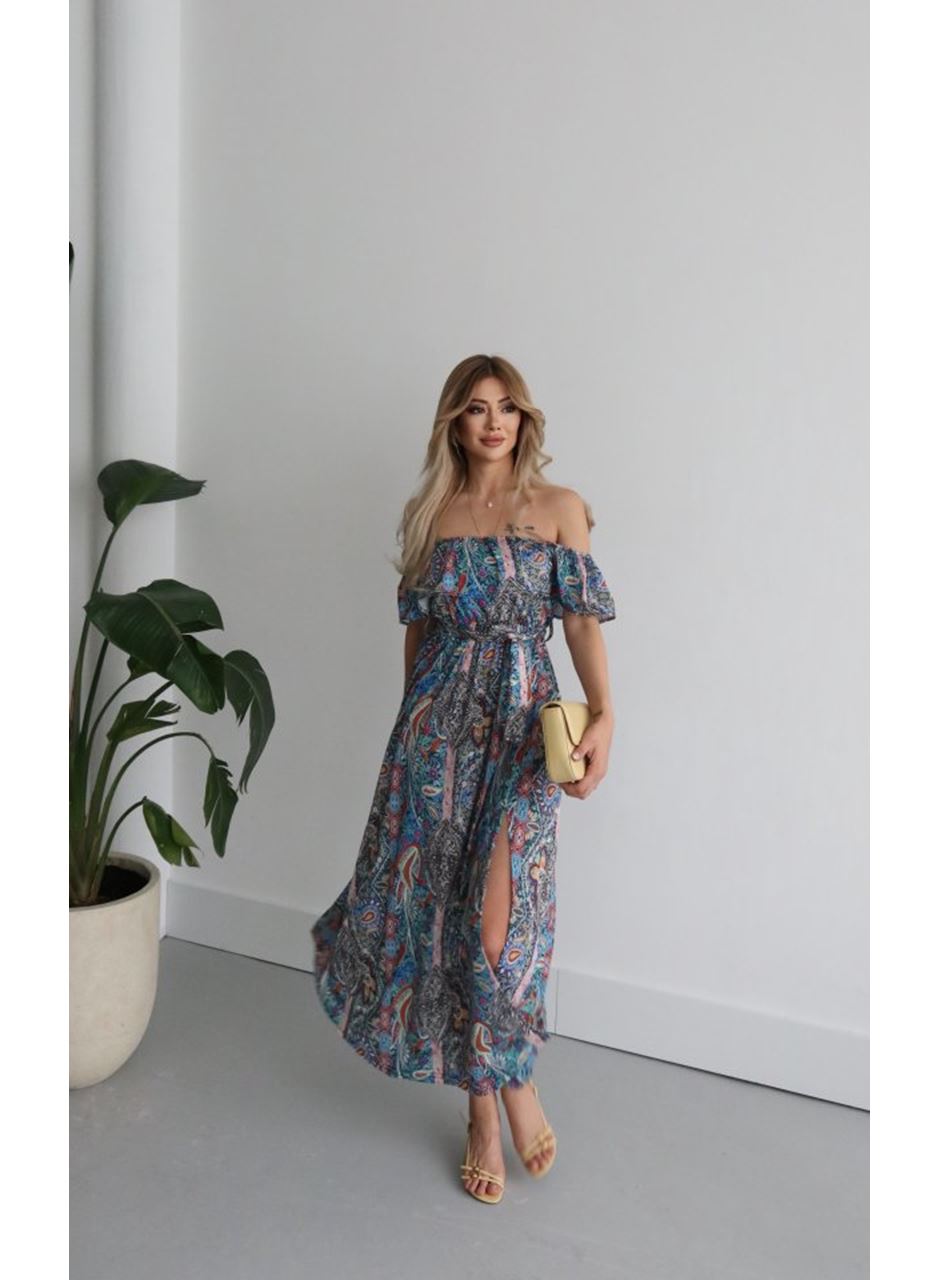 Kadın Kısa Kollu Madonna Yaka Fırfırlı Belden Yırtmaçlı Maksi Süprem Elbise