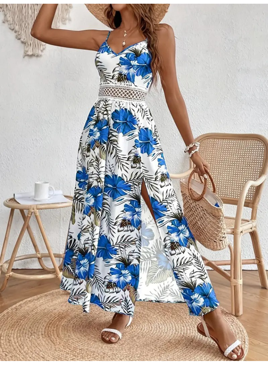 Kadın Ip Askılı V Yakalı Bel Güpür çiçek Desenli Yandan Yırtmaçlı Maksi Süprem Elbise