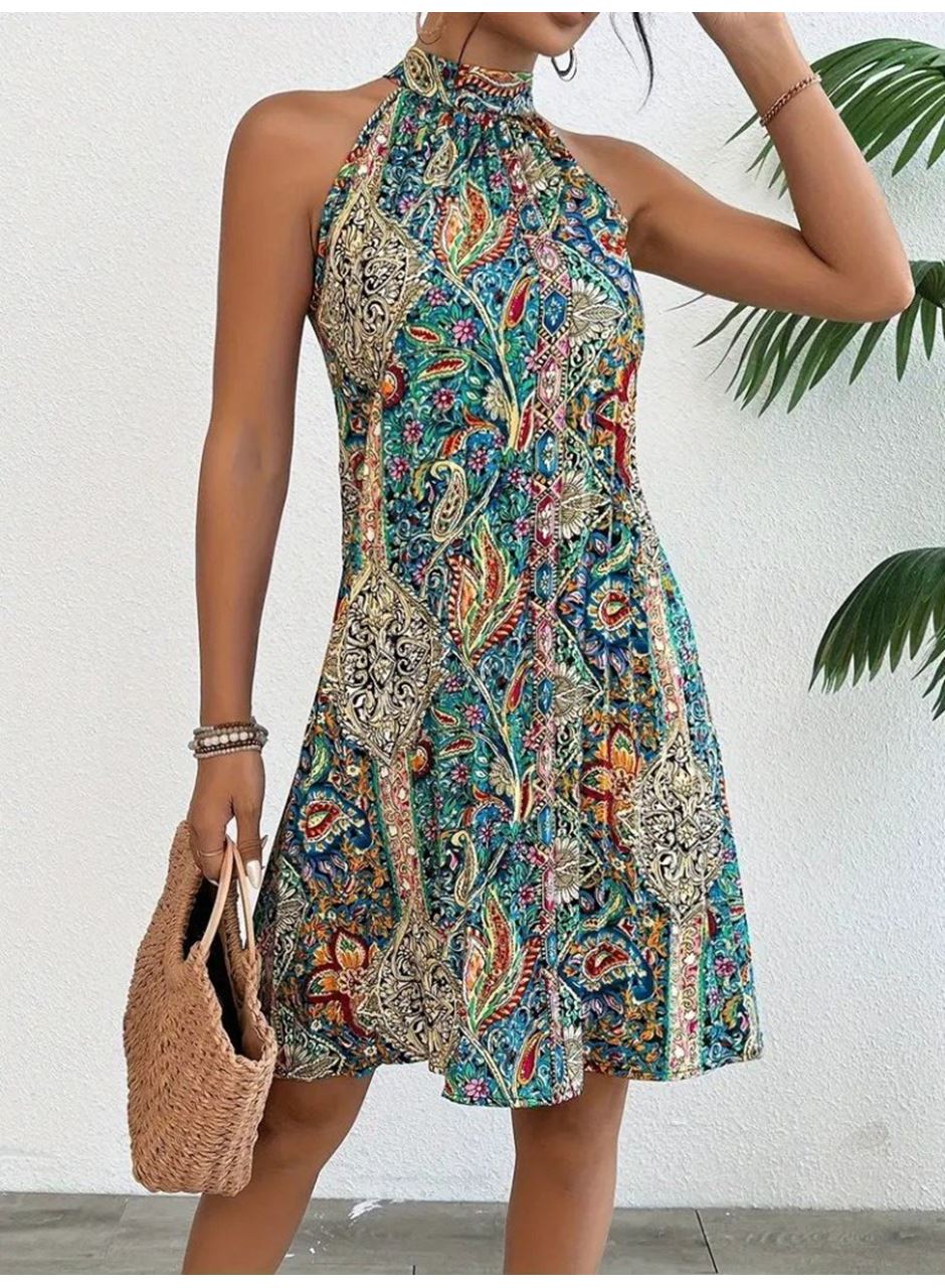 Kadın Sıfır Kol Boyundan Askılı Desenli Midi Süprem Elbise