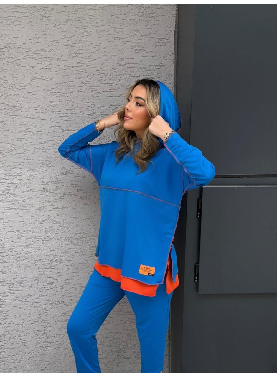 Kadın Indigo Kapşonlu Etek Ucu Detay Arma Ters Dikiş Gorunumlu Ikili Takım