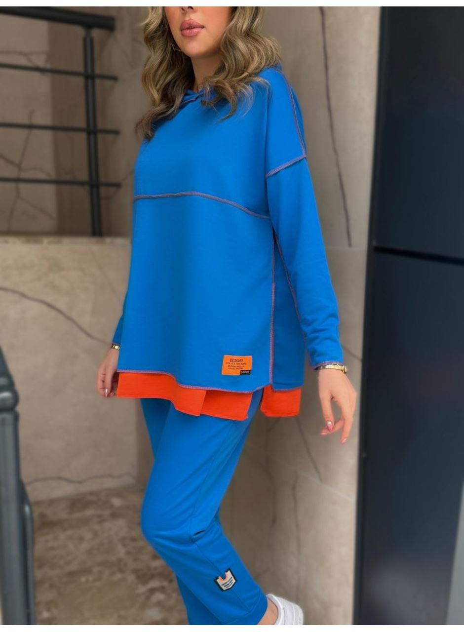 Kadın Indigo Kapşonlu Etek Ucu Detay Arma Ters Dikiş Gorunumlu Ikili Takım