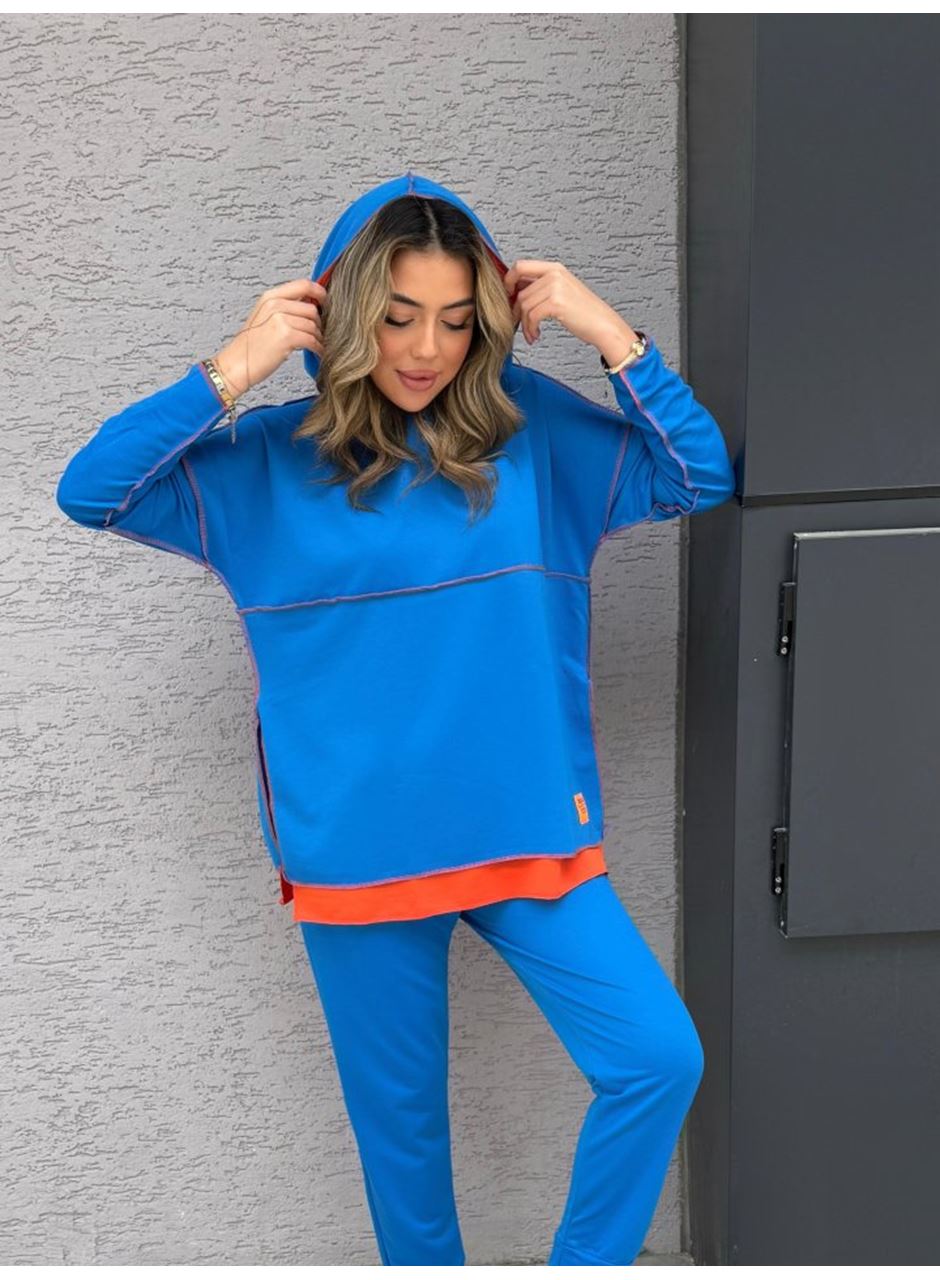 Kadın Indigo Kapşonlu Etek Ucu Detay Arma Ters Dikiş Gorunumlu Ikili Takım