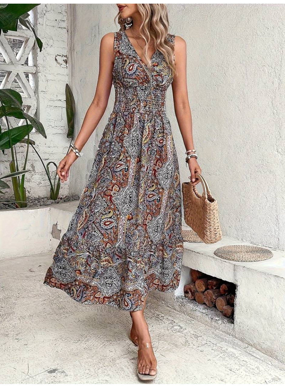 Kadın Beli Gipeli Etnik Desen Sıfır Kol Süprem Elbise