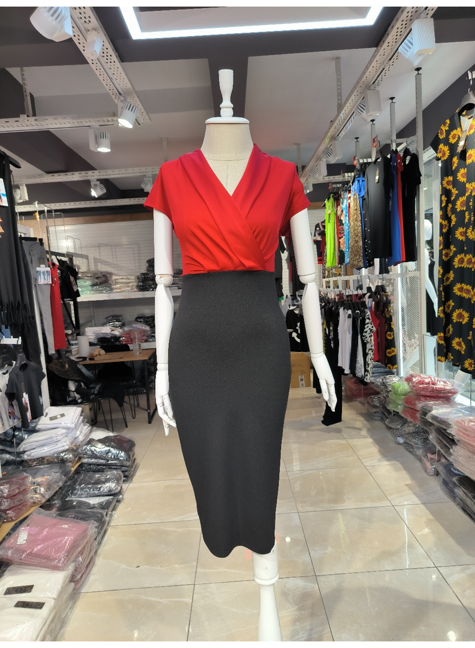 Kadın Kısa Kollu Kruvaze Yaka Krep Elbise (Kemersiz)