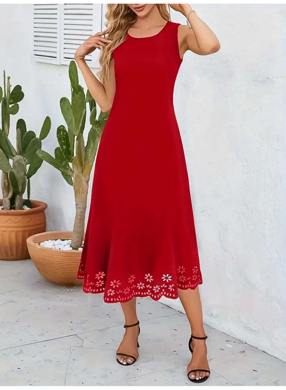 Kadın Kolsuz Etek Ucu Lazer Kesim çiçek Desenli Midi Boy Ithal Krep Elbise