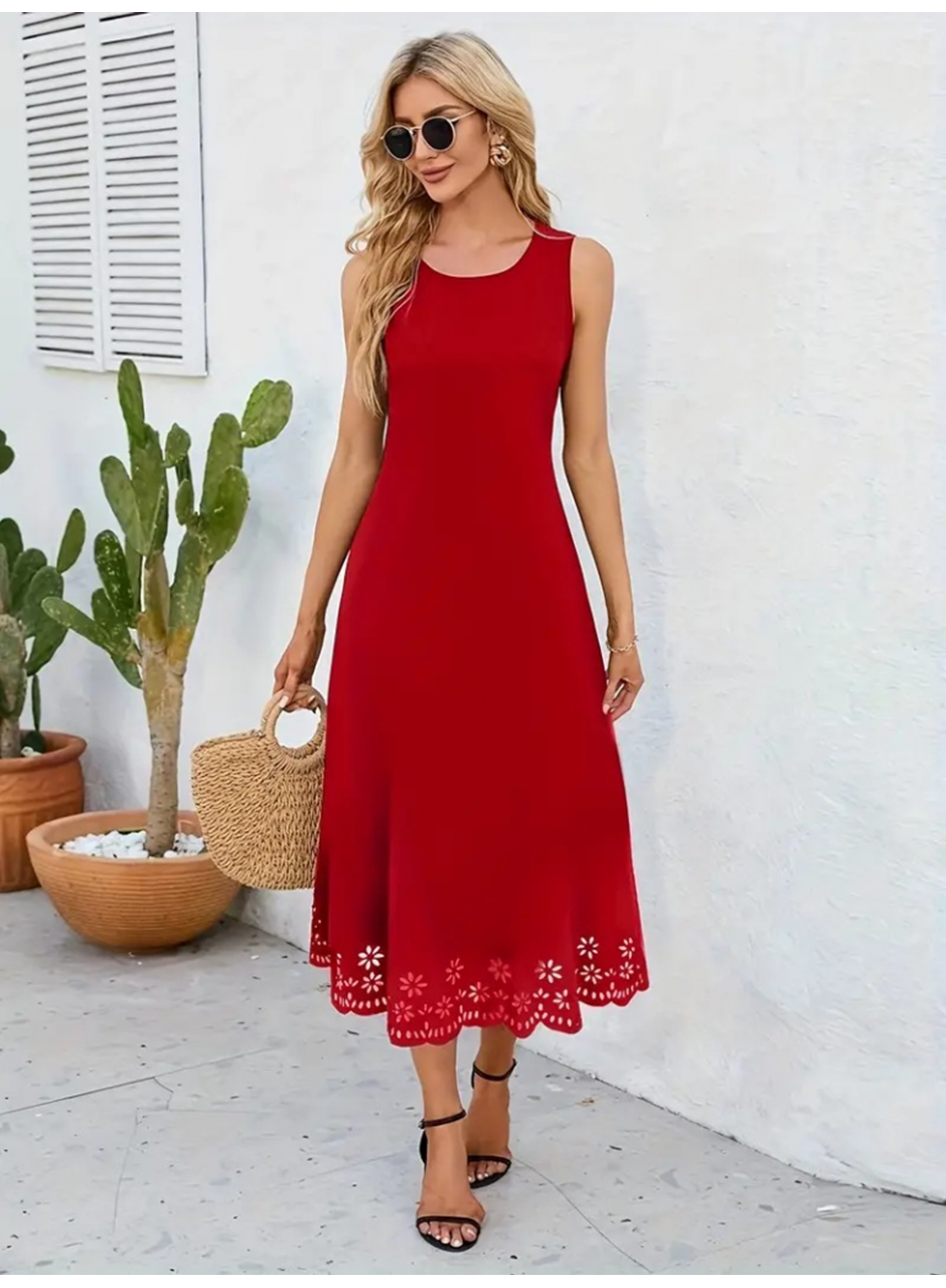 Kadın Kolsuz Etek Ucu Lazer Kesim çiçek Desenli Midi Boy Ithal Krep Elbise