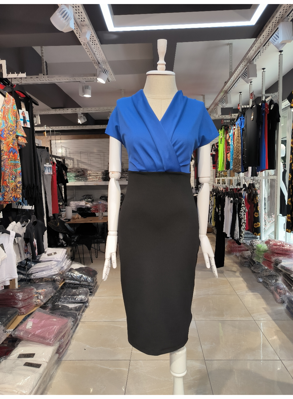 Kadın Kısa Kollu Kruvaze Yaka Krep Elbise (Kemersiz)