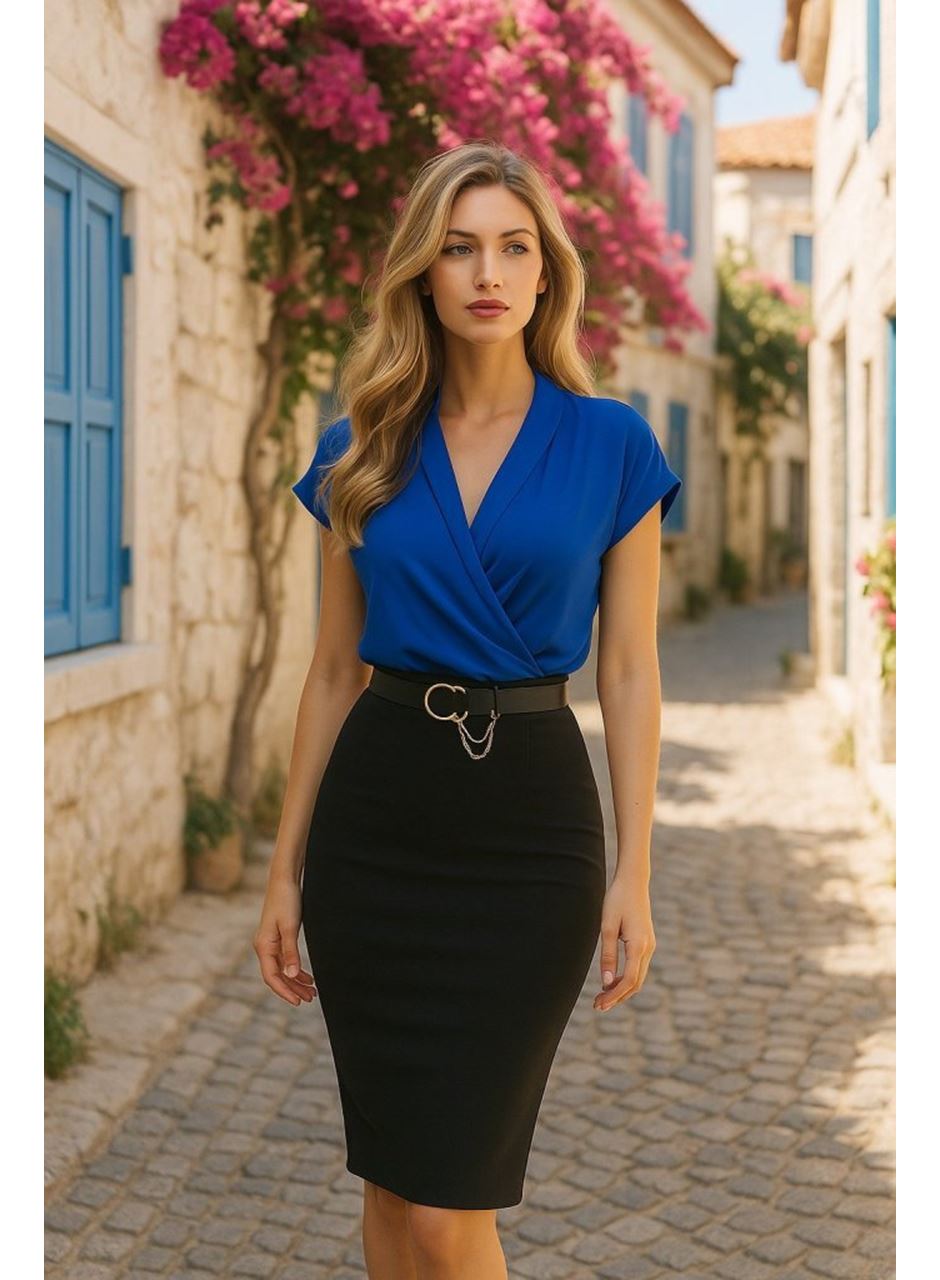 Kadın Kısa Kollu Kruvaze Yaka Krep Elbise (Kemersiz)