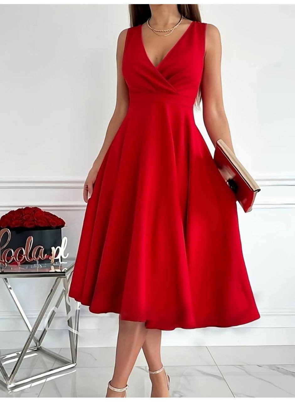 Kadın Ithal Krep Kumaş Kruvaze Yaka Eteği Kloş Kolsuz Mini Elbise