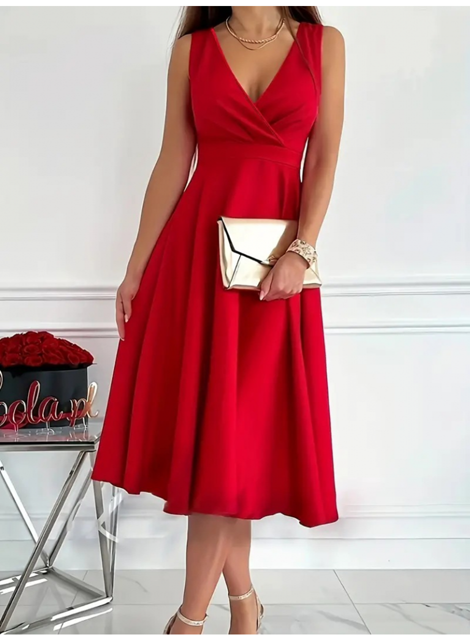 Kadın Ithal Krep Kumaş Kruvaze Yaka Eteği Kloş Kolsuz Mini Elbise