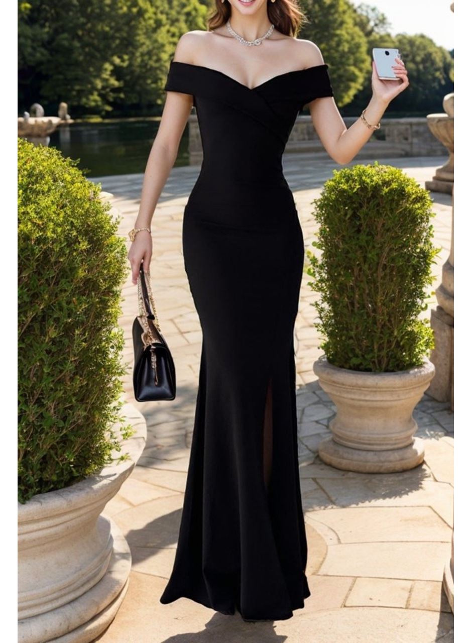 Kadın Dalgıç Kumaş Kayık Yaka Ve Dekolte Detaylı Elbise