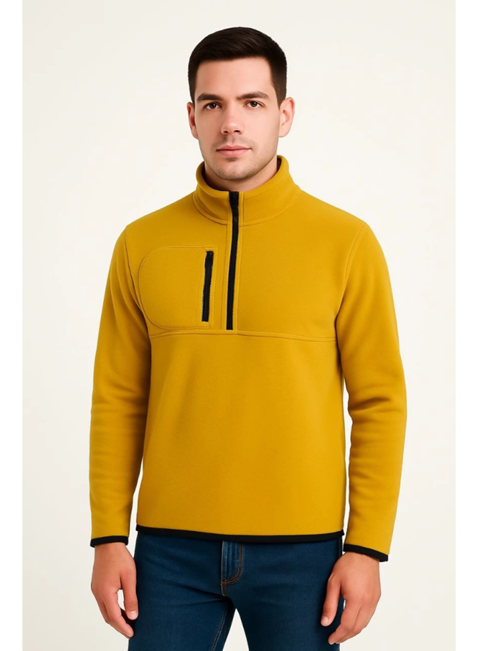 Erkek Polar Kazak – Dik Yaka, Yarım Fermuarlı, Fermuarlı Göğüs Cepli, Siyah Biyeli, Kışlık Rahat Regular Fit Günlük Model - Sarı