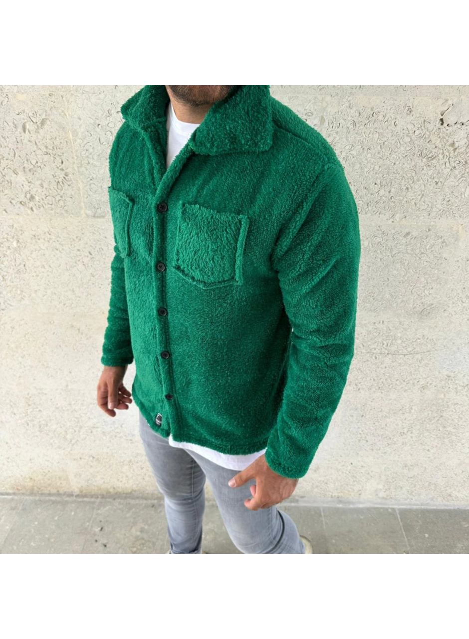 Erkek Pelüş Polar Hırka Gömlek – Yakalı, İlik Düğmeli, Göğüs Cepli, Yumuşak Dokulu Kışlık Regular Fit Rahat Günlük Model - Çimen Yeşili