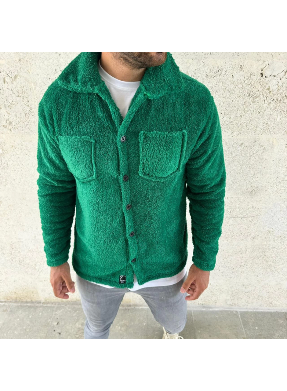 Erkek Pelüş Polar Hırka Gömlek – Yakalı, İlik Düğmeli, Göğüs Cepli, Yumuşak Dokulu Kışlık Regular Fit Rahat Günlük Model - Çimen Yeşili