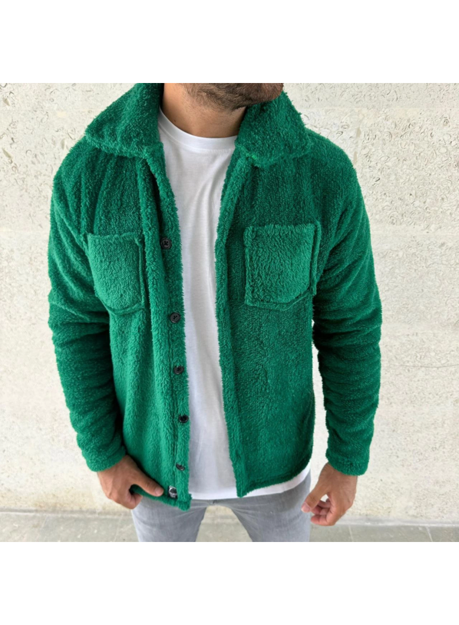 Erkek Pelüş Polar Hırka Gömlek – Yakalı, İlik Düğmeli, Göğüs Cepli, Yumuşak Dokulu Kışlık Regular Fit Rahat Günlük Model - Çimen Yeşili