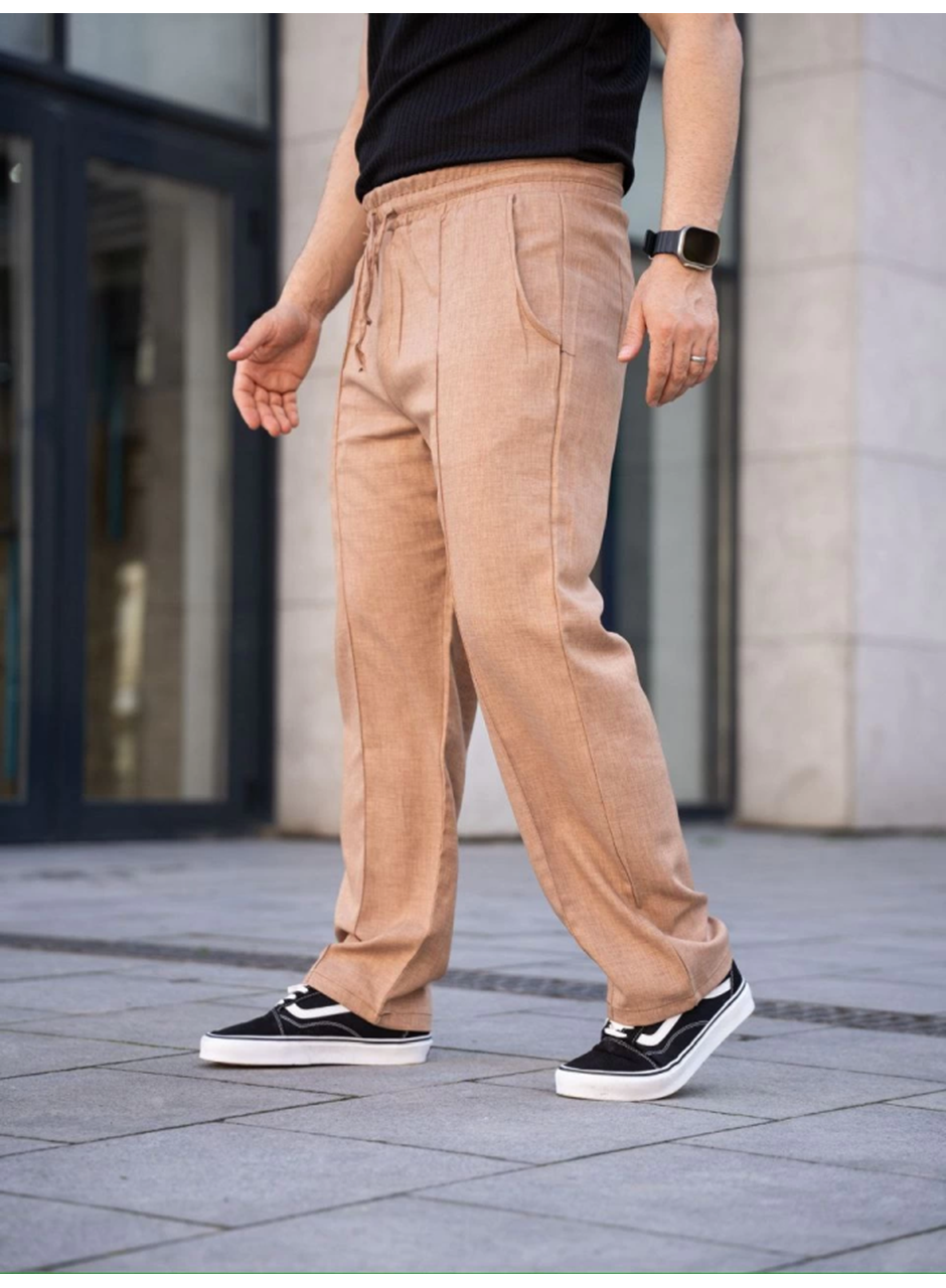 Erkek Keten Cepli Çıma Dikişli Jogger Buggy Pantalon Rahat Kalıp - Kahverengi