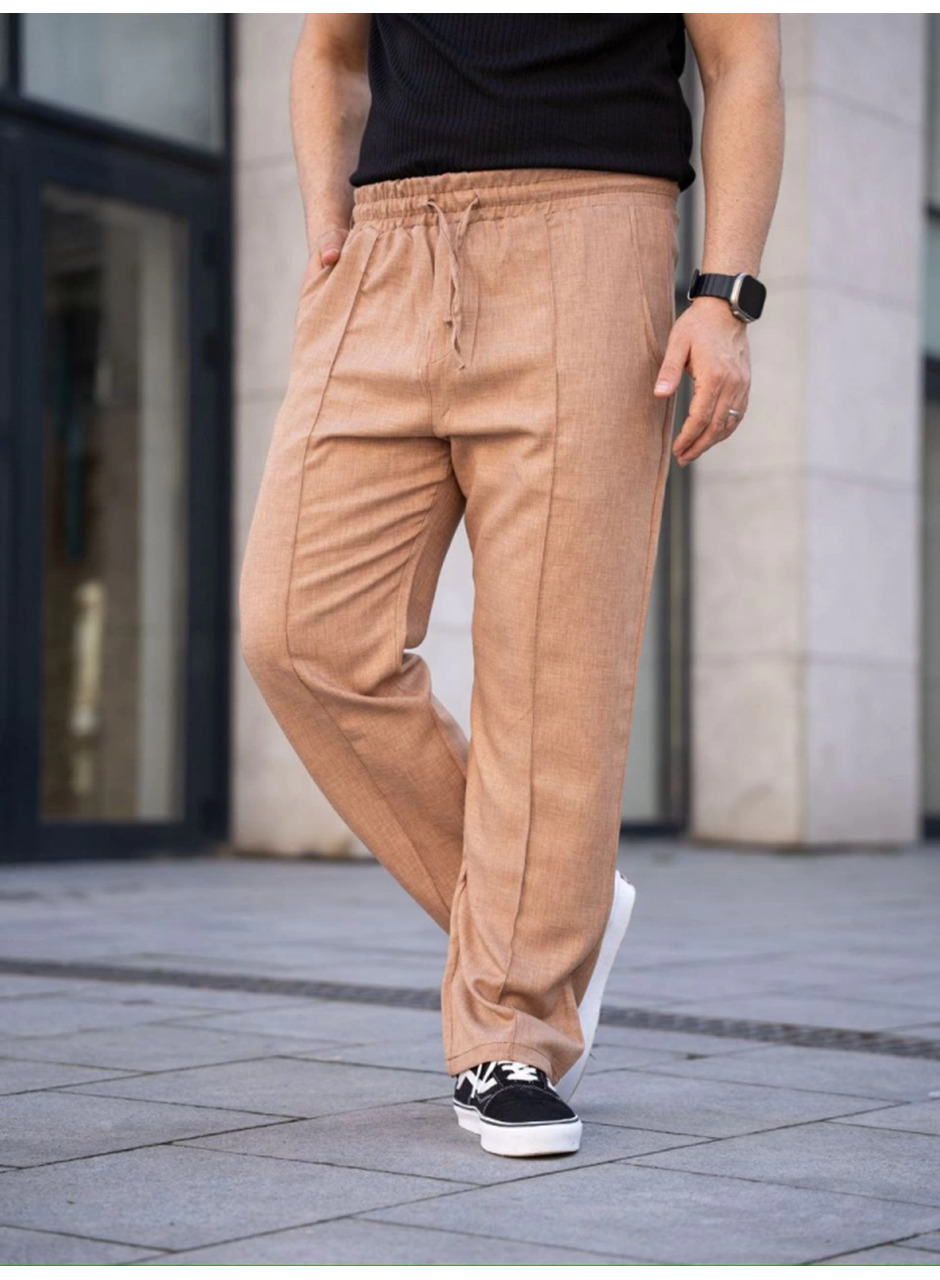 Erkek Keten Cepli Çıma Dikişli Jogger Buggy Pantalon Rahat Kalıp - Kahverengi