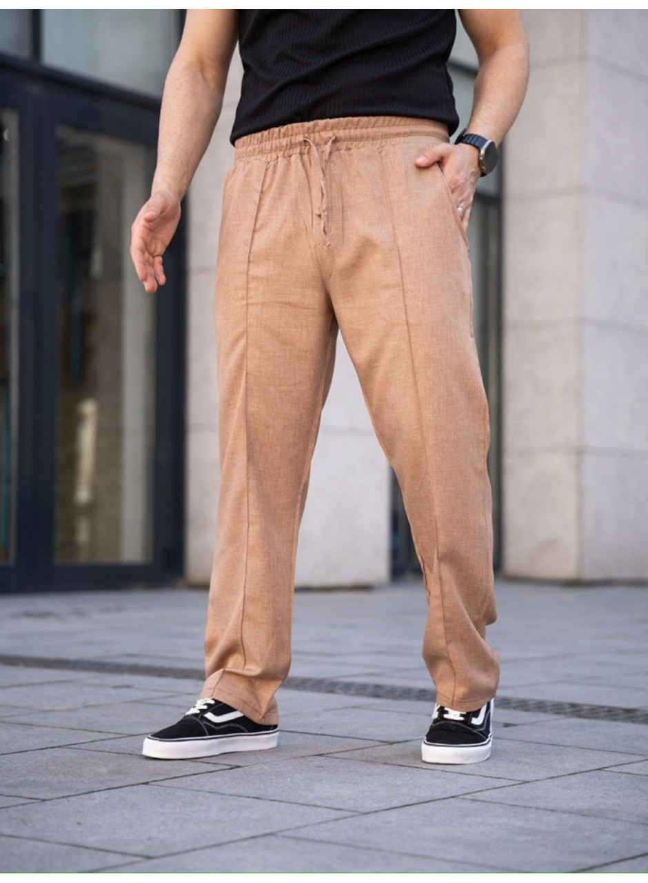 Erkek Keten Cepli Çıma Dikişli Jogger Buggy Pantalon Rahat Kalıp - Kahverengi