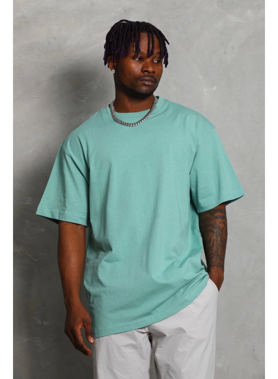 Unisex Oversize Düz Bisiklet Yaka T-Shirt - Mint Yeşili
