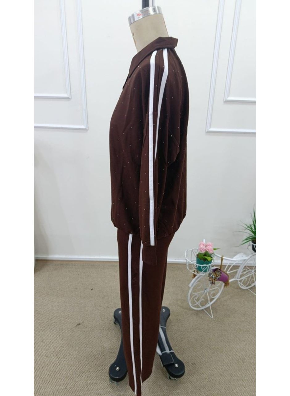 Kadın Uzun Kollu Yakalı şerit Detaylı Viskon Iki Iplik Bluz Ve Pantolon Ikili Takım