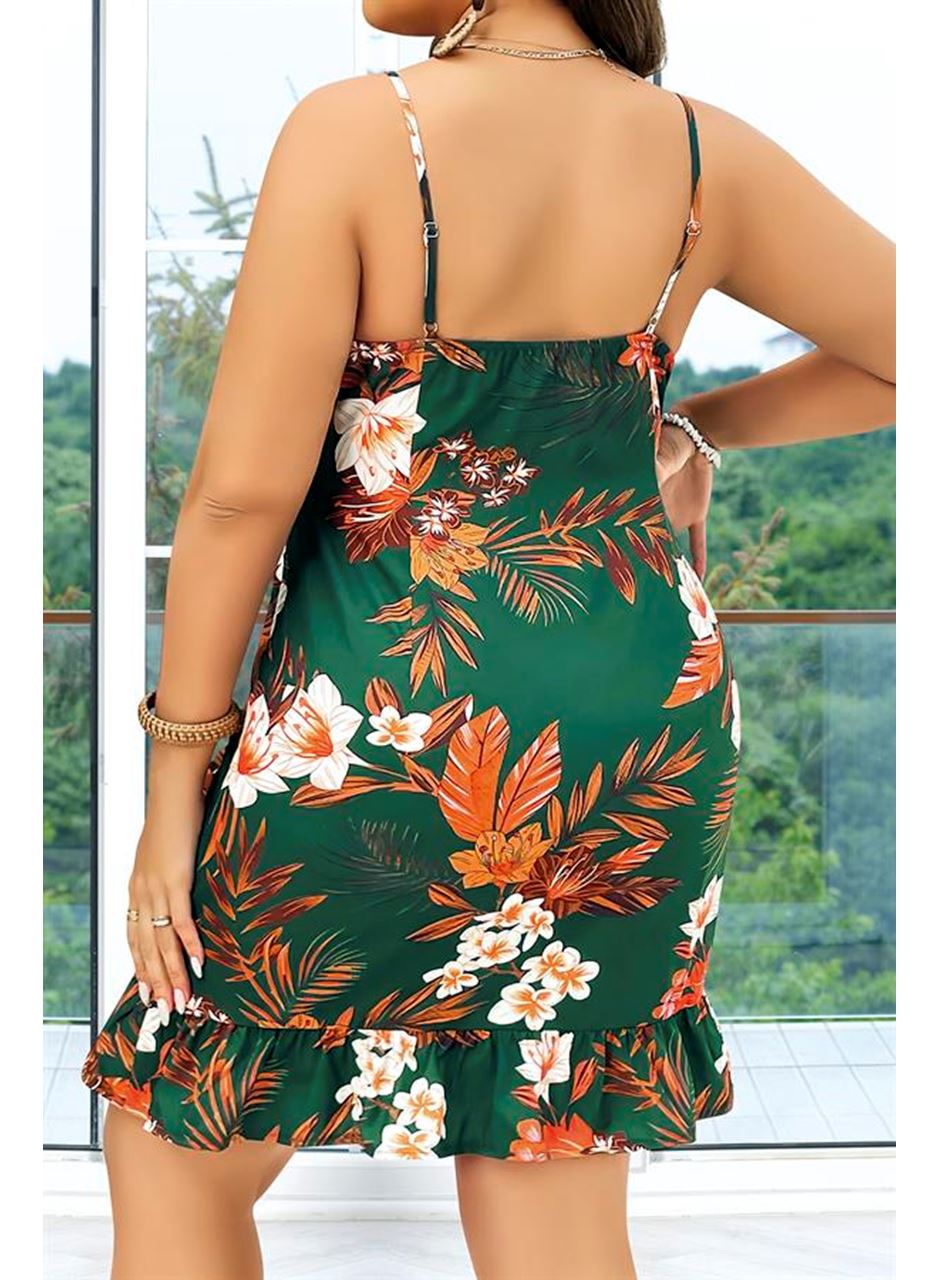 Büyük Beden Yeşil Üstüne Çiçek Desenli İnce Askılı Fırfırlı Gecelik