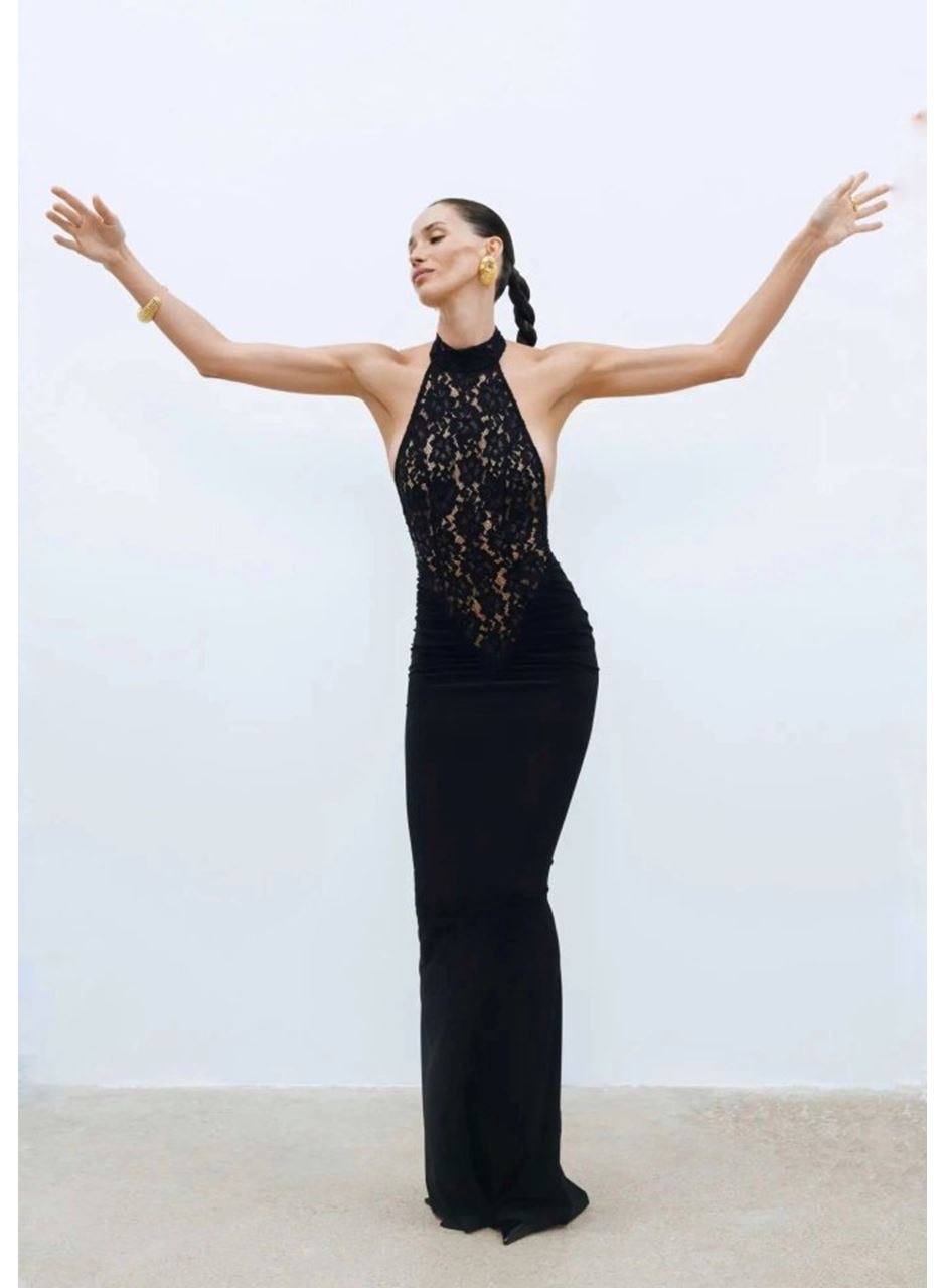 Kitap Okuyalım Mı Kitap Getir Kadın Halter Yaka Fantel Transparan Ve Sırt Dekoltesi Detay Maxi Boy Elbise