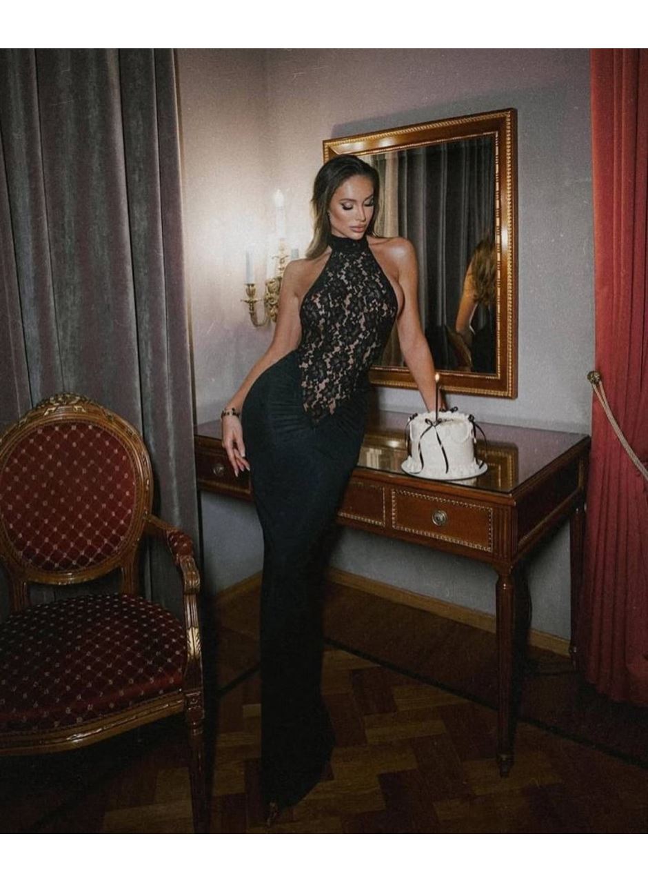 Kitap Okuyalım Mı Kitap Getir Kadın Halter Yaka Fantel Transparan Ve Sırt Dekoltesi Detay Maxi Boy Elbise