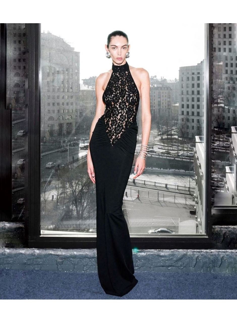 Kitap Okuyalım Mı Kitap Getir Kadın Halter Yaka Fantel Transparan Ve Sırt Dekoltesi Detay Maxi Boy Elbise