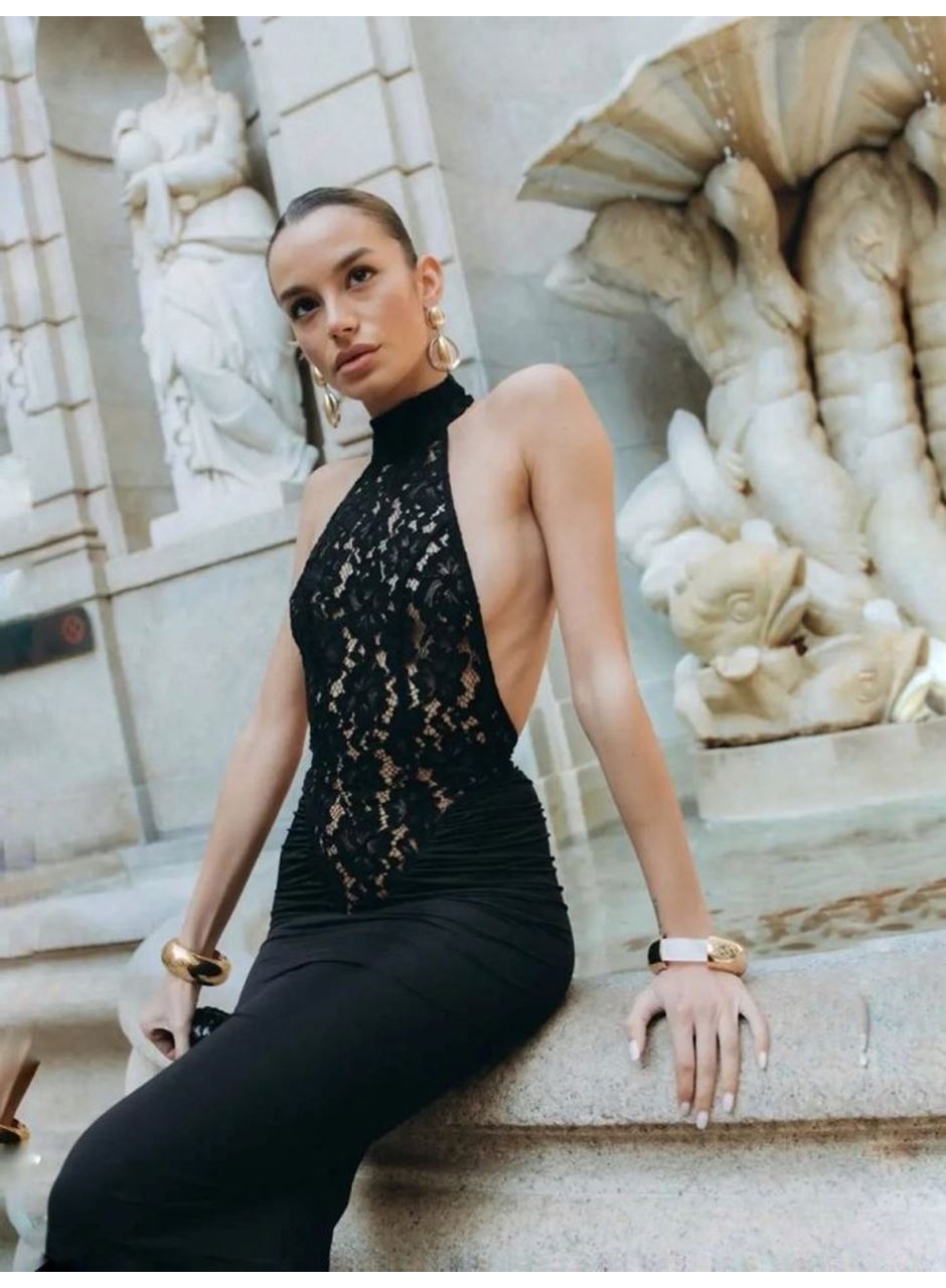 Kitap Okuyalım Mı Kitap Getir Kadın Halter Yaka Fantel Transparan Ve Sırt Dekoltesi Detay Maxi Boy Elbise