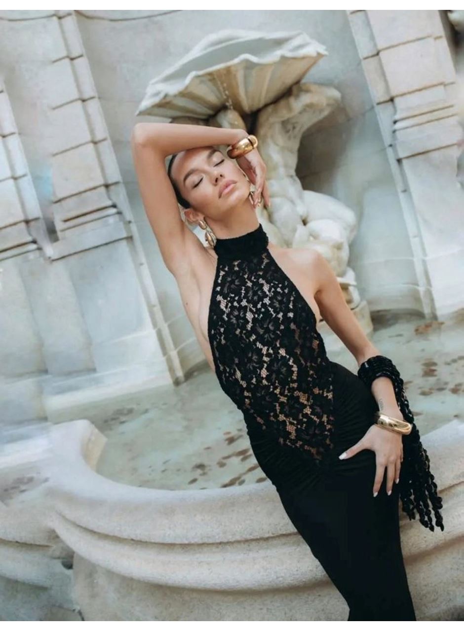 Kitap Okuyalım Mı Kitap Getir Kadın Halter Yaka Fantel Transparan Ve Sırt Dekoltesi Detay Maxi Boy Elbise