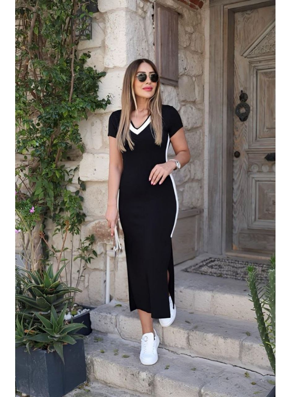 Kadın Kısa Kollu V Yakalı Yandan şerit Ve Yırtmaçlı Viskon Uzun Elbise