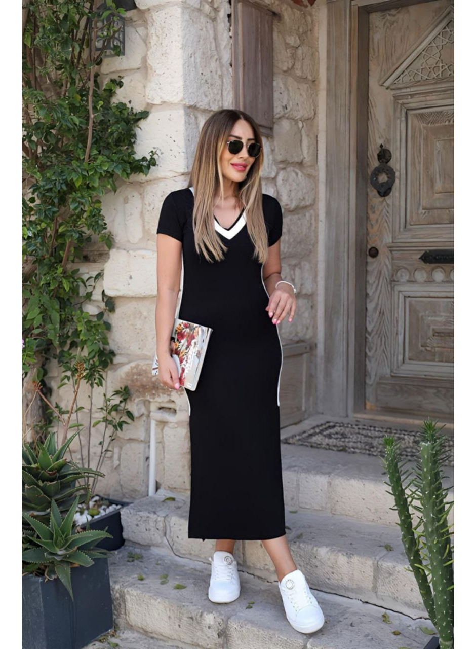 Kadın Kısa Kollu V Yakalı Yandan şerit Ve Yırtmaçlı Viskon Uzun Elbise