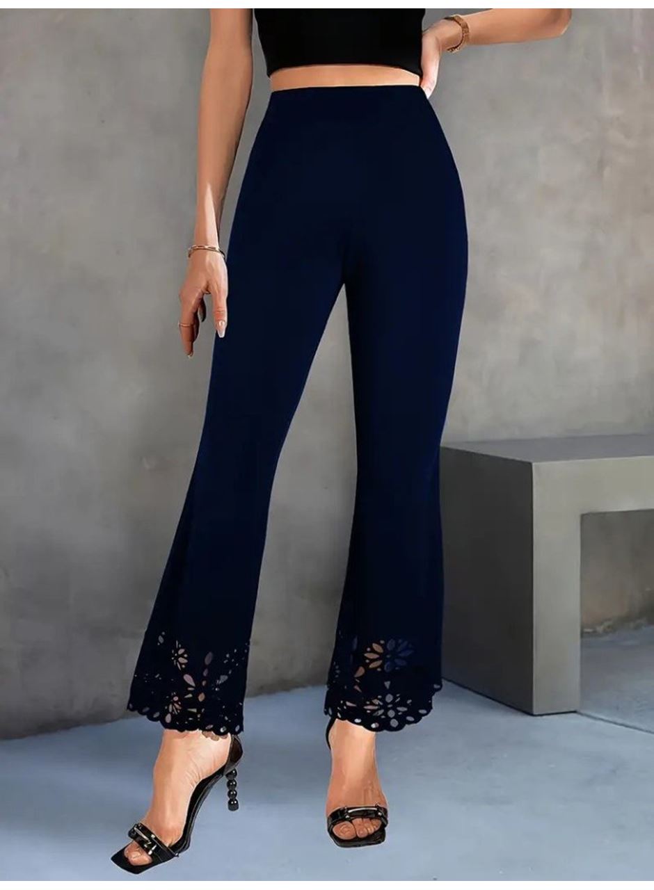 Kadın Yüksek Bel Paçaya Doğru Genişleyen Lazer çiçek Kesim Detaylı Ithal Krep Pantolon