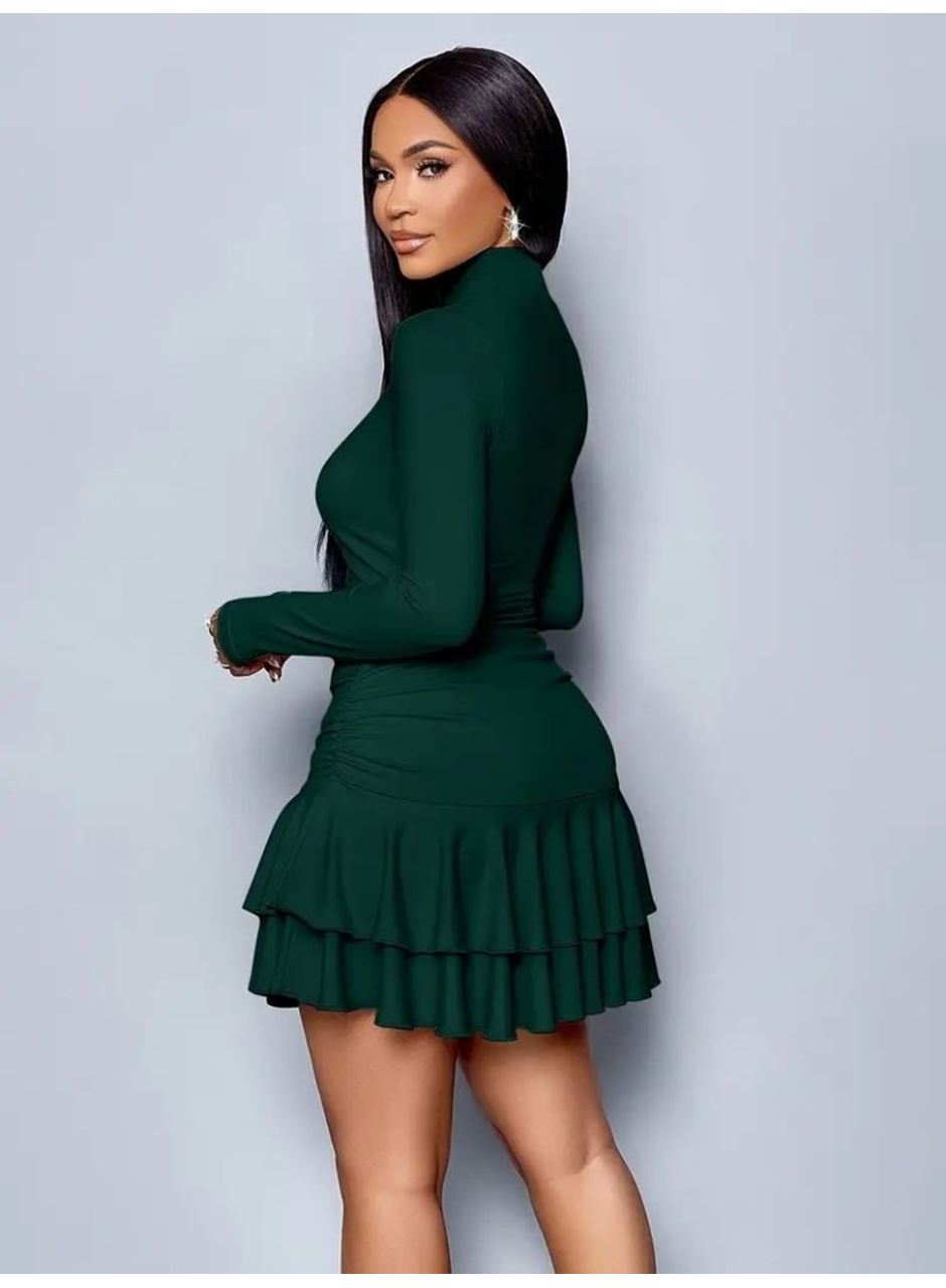 Kadın Uzun Kollu Balıkçı Yaka Mini Fırfırlı Sandy Elbise
