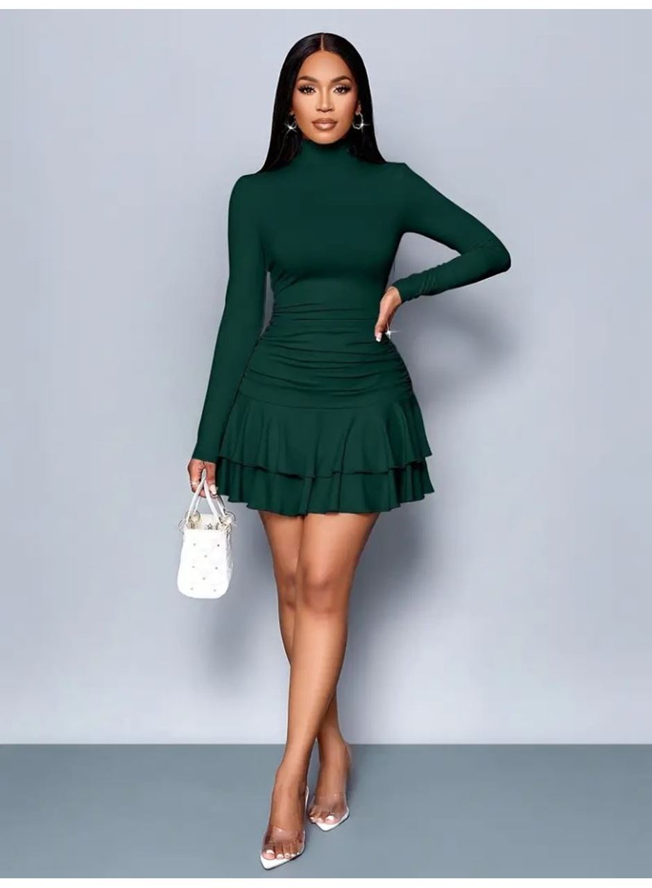 Kadın Uzun Kollu Balıkçı Yaka Mini Fırfırlı Sandy Elbise