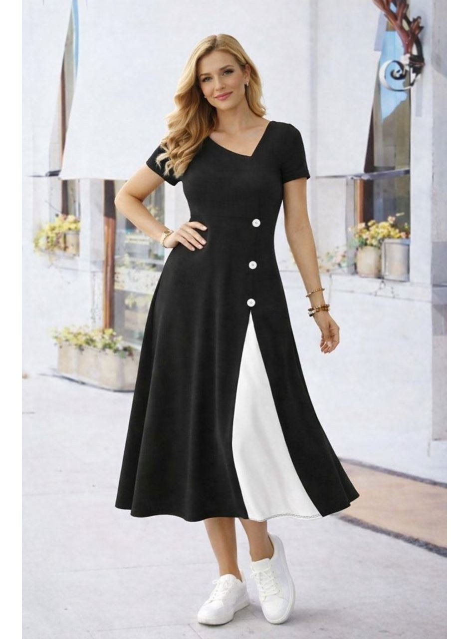 Kadın Kısa Kollu Asimetrik Yakalı Düğme Detaylı Midi Viskon Elbise