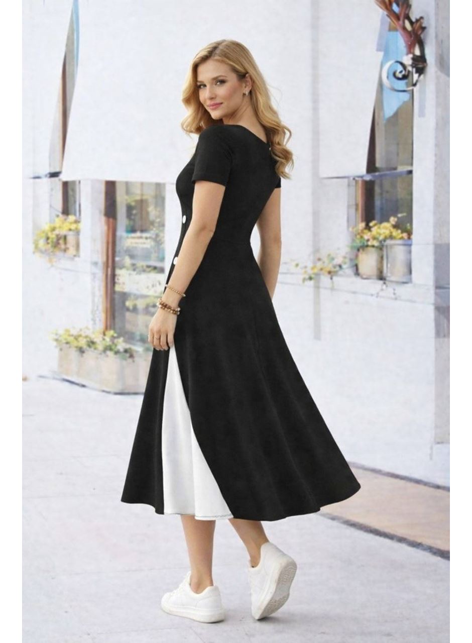 Kadın Kısa Kollu Asimetrik Yakalı Düğme Detaylı Midi Viskon Elbise