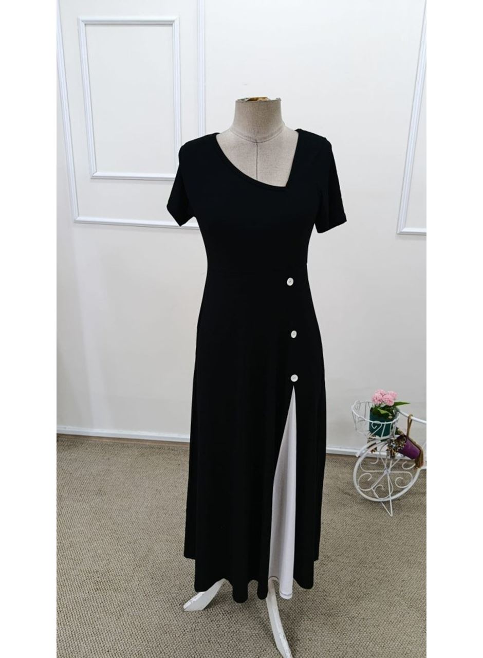 Kadın Kısa Kollu Asimetrik Yakalı Düğme Detaylı Midi Viskon Elbise