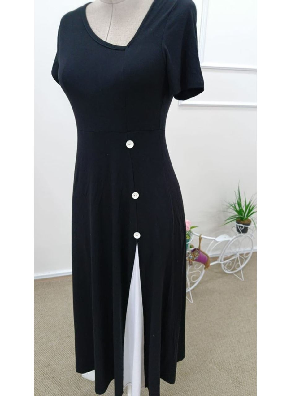 Kadın Kısa Kollu Asimetrik Yakalı Düğme Detaylı Midi Viskon Elbise