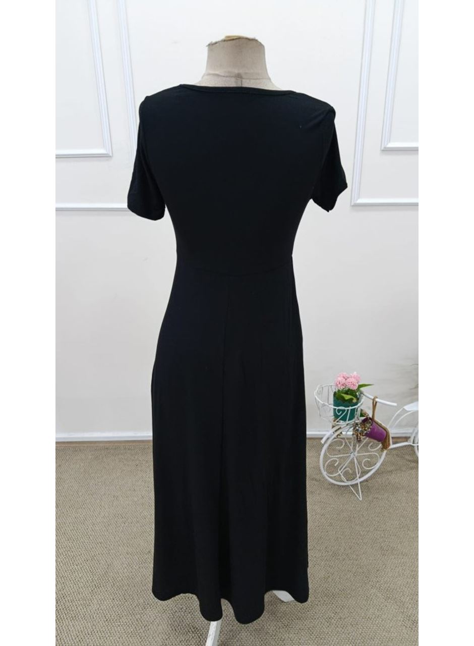 Kadın Kısa Kollu Asimetrik Yakalı Düğme Detaylı Midi Viskon Elbise