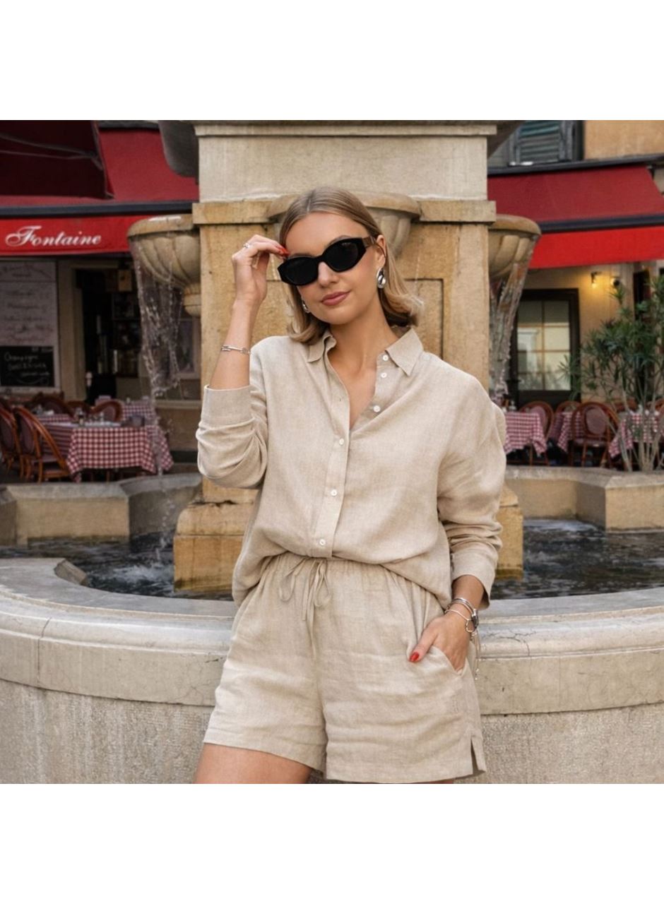 Kadın Uzun Kollu Salaş Gömlek Ve şort Keten Ikili Takım