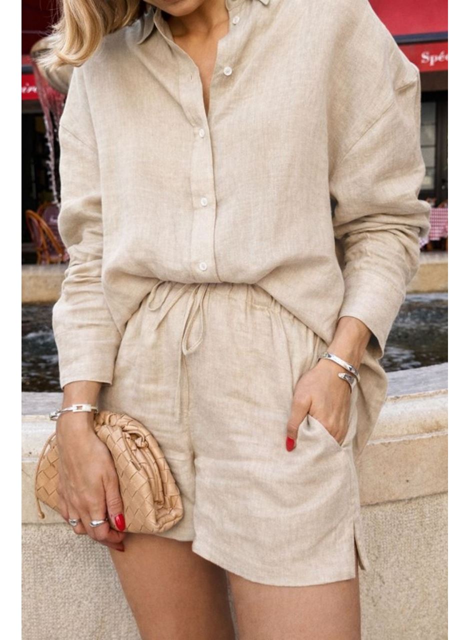 Kadın Uzun Kollu Salaş Gömlek Ve şort Keten Ikili Takım