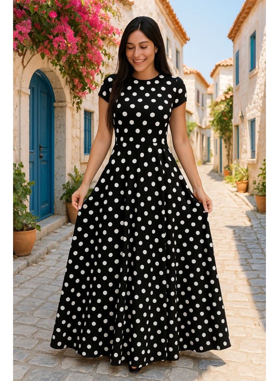 Kadın Kısa Kollu Bisiklet Yaka Puantiyeli Maksi örme Krep Elbise