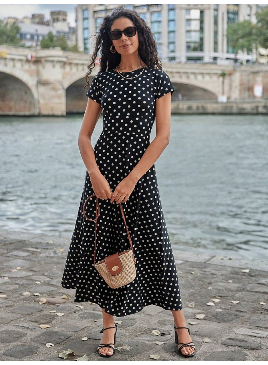 Kadın Kısa Kollu Bisiklet Yaka Puantiyeli Maksi örme Krep Elbise