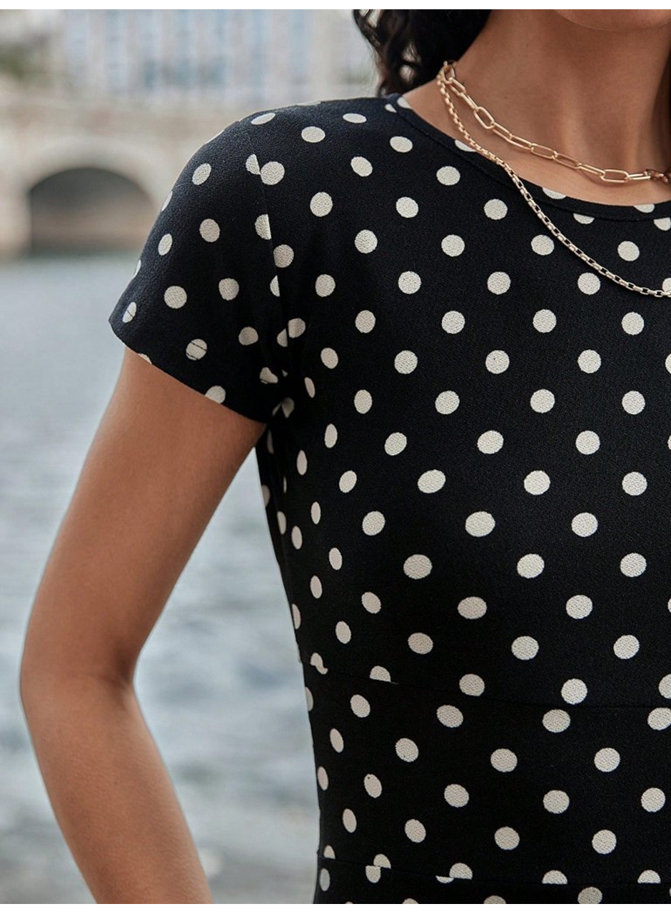 Kadın Kısa Kollu Bisiklet Yaka Puantiyeli Maksi örme Krep Elbise