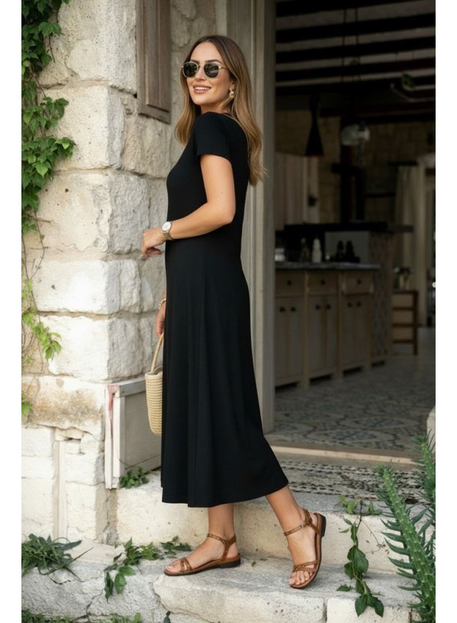 Kadın Kısa Kollu V Yakalı Yırtmaçlı Midi Viskon Elbise