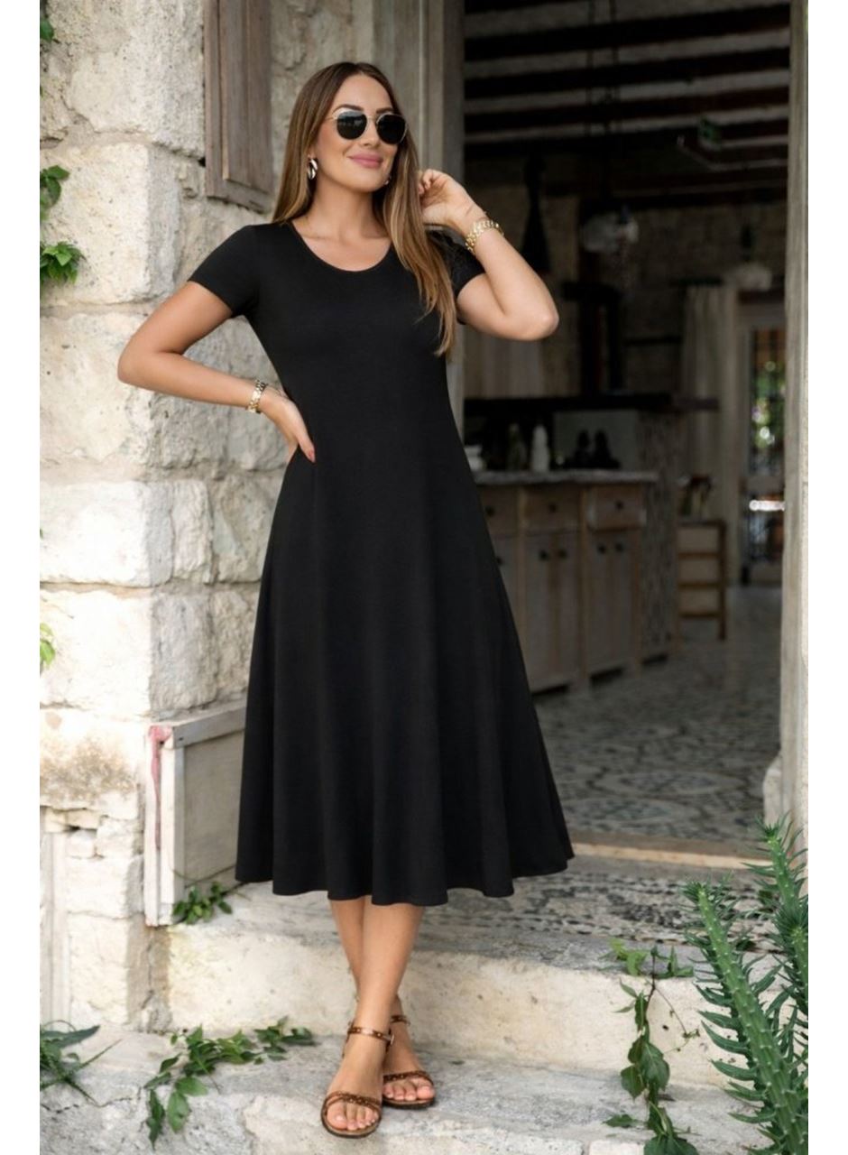 Kadın Kısa Kollu V Yakalı Yırtmaçlı Midi Viskon Elbise